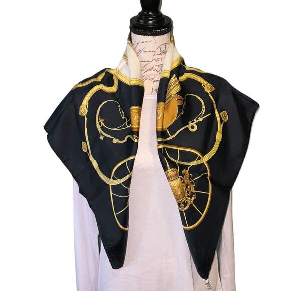 Hermes Vintage Vintage Silk Scarf 'Springs' 100% Silk 90cm Square Black Gold - Picture 2 of 16